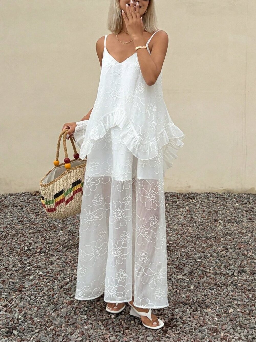 White Casual Women's V-Neck Spaghetti Strap Ruffle Hem Dress